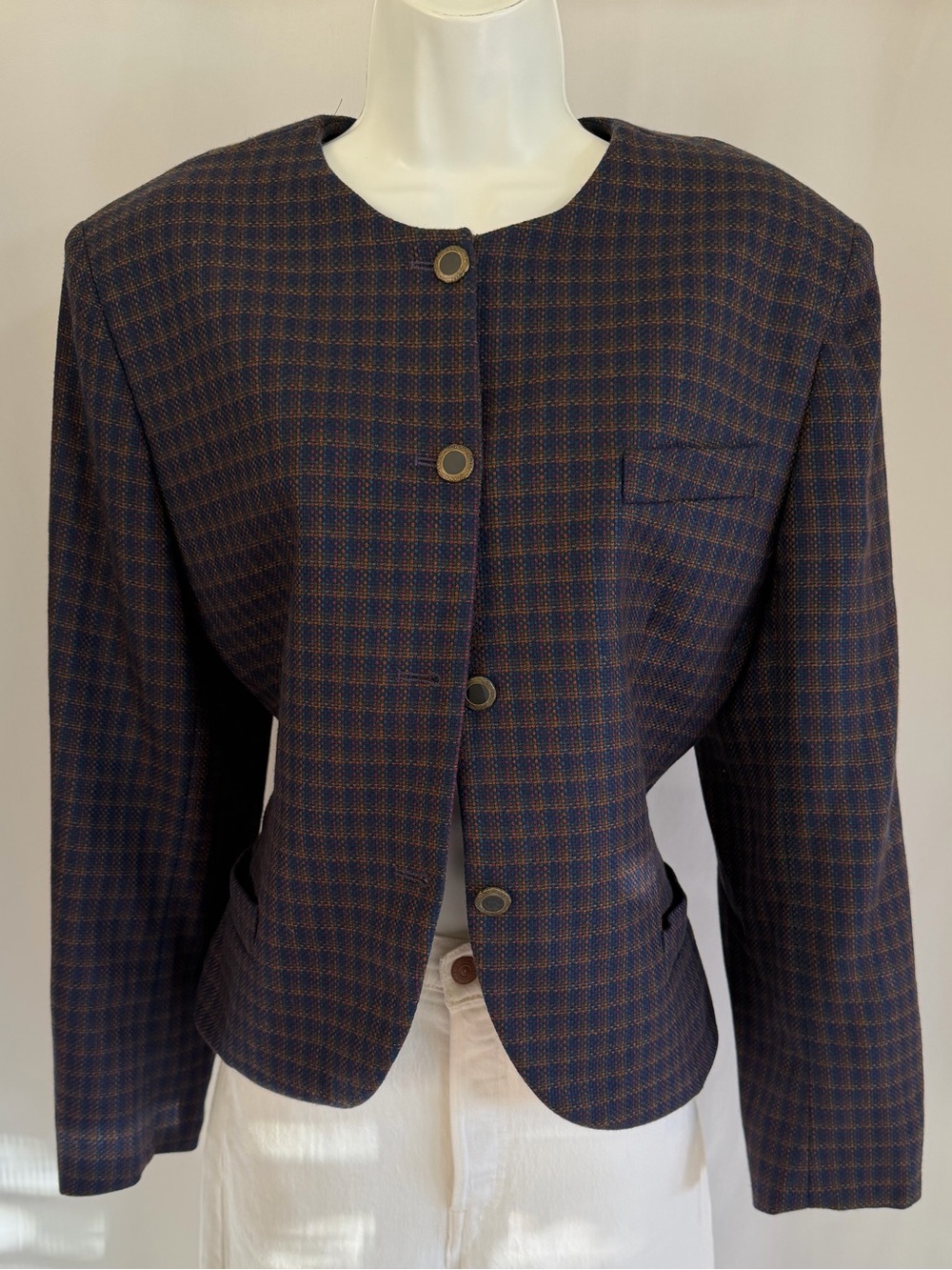 90s Jones New York 100% Wool Plaid Collarless Blazer Jacket Size 12